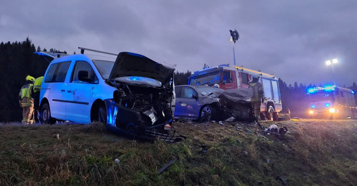 Ein verunfallter weißer Van und ein graues Auto stehen beschädigt auf einem Grasstreifen, umgeben von Feuerwehrleuten und Einsatzfahrzeugen bei Nacht.