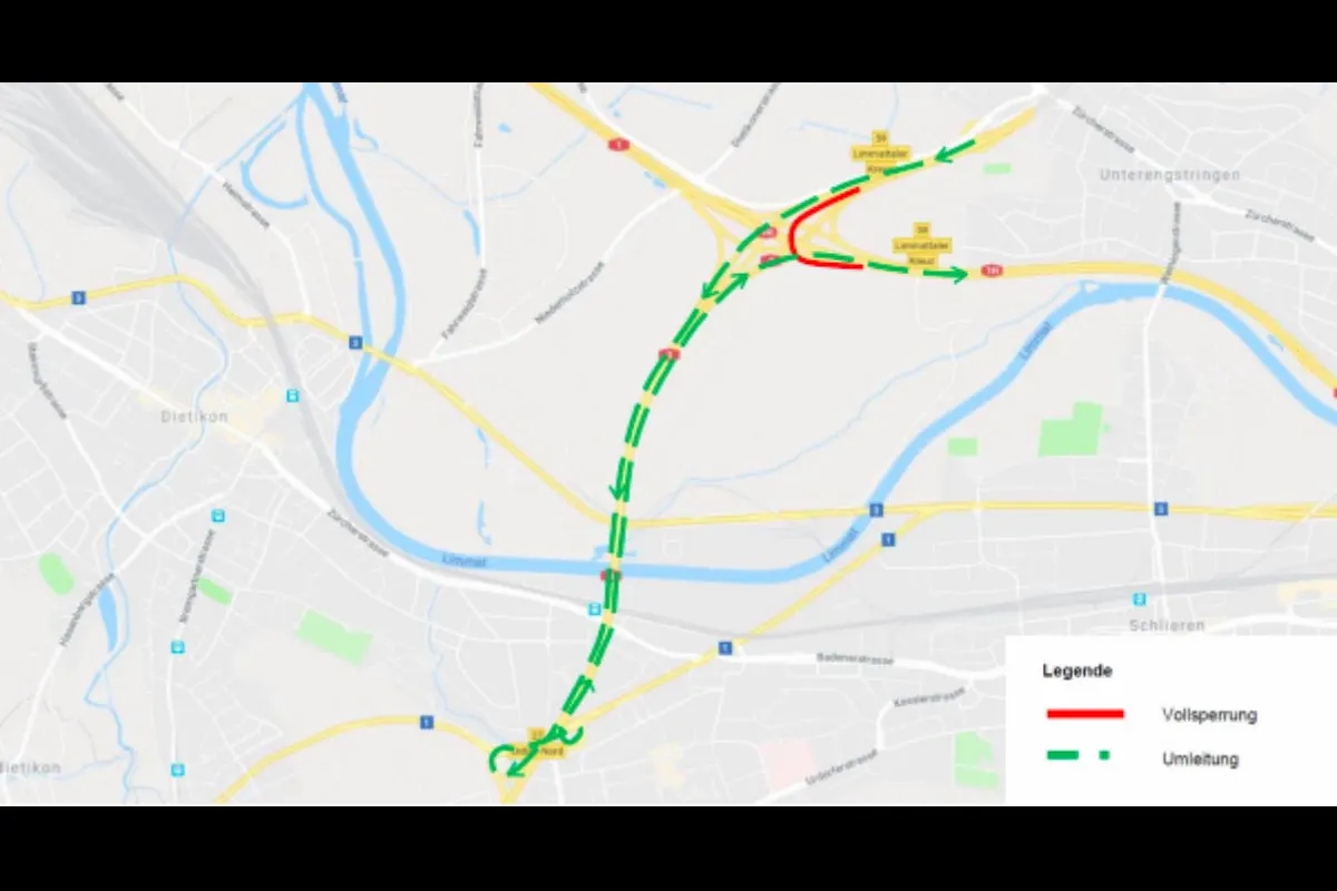 A1 - Nachtsperrungen und Umleitungen im Limmattalerkreuz