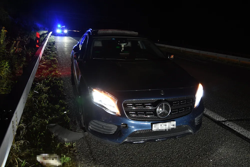 Ein dunkler Mercedes-Benz steht am Rand einer nächtlichen Autobahn. Im Hintergrund sind blaue Polizeilichter zu sehen, die die Szene beleuchten.