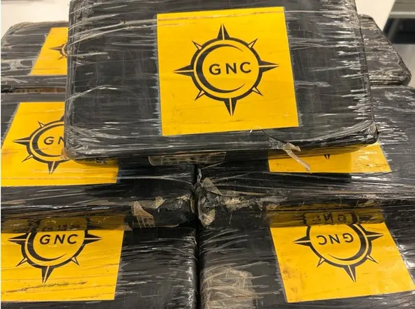 Gestapelte schwarze Pakete sind zu sehen, jedes versehen mit einem gelben GNC-Etikett. Die Verpackung ist dicht in Folie eingeschweißt.