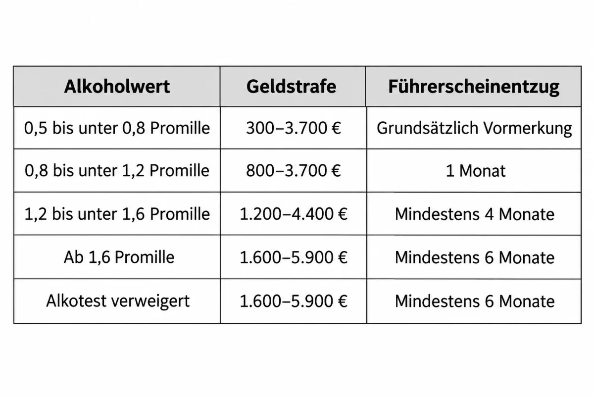 Eine Tabelle zeigt Bußgelder und Führerscheinentzug bei verschiedenen Alkoholwerten im Straßenverkehr. Es sind Werte von 0,5 bis über 1,6 Promille aufgeführt.