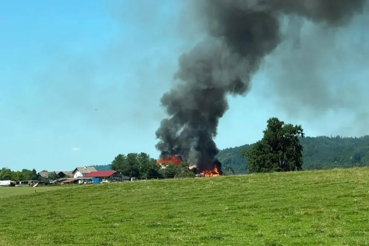 Ein großes Feuer mit schwarzem Rauch erhebt sich über einem ländlichen Gebäude, umgeben von Wiesen und Bäumen.