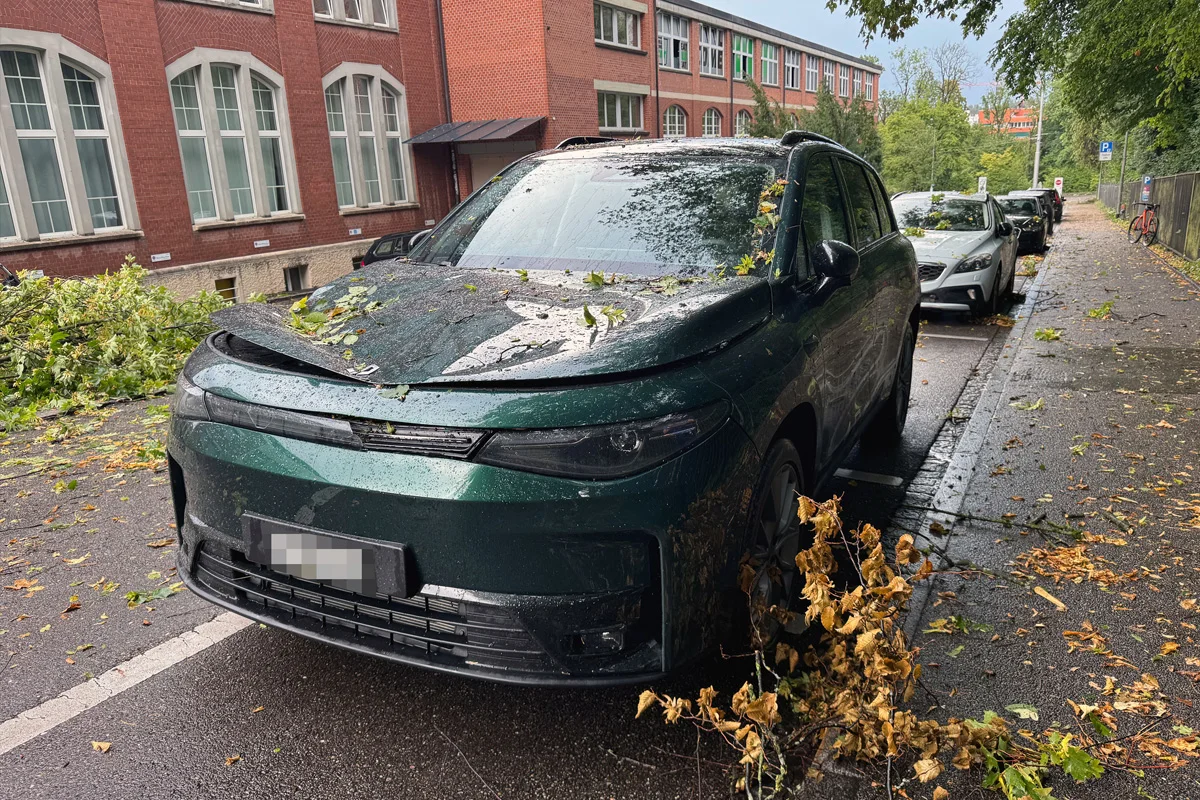 Ein grünes Auto ist von abgebrochenem Astmaterial bedeckt und zeigt dadurch entstandene Schäden. Es ist auf einer städtischen Straße geparkt.
