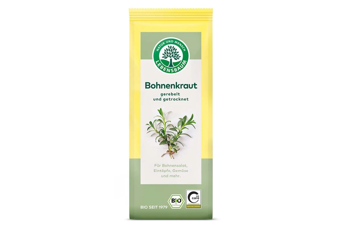 Eine gelbe Verpackung mit der Aufschrift 'Bohnenkraut' der Marke Lebensbaum. Unten sind Bio-Siegel sichtbar.