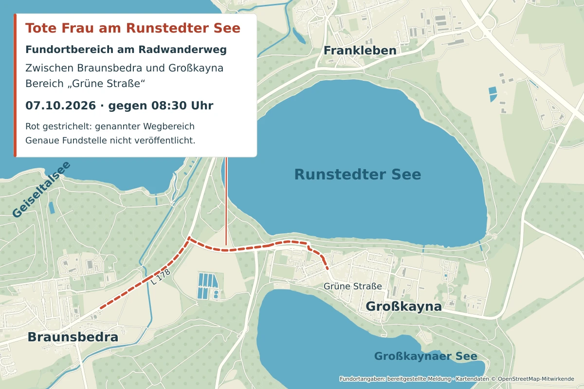 Eine Karte zeigt den Runstedter See und Umgebung; ein roter gepunkteter Abschnitt markiert einen Radweg, Fundort einer Leiche.