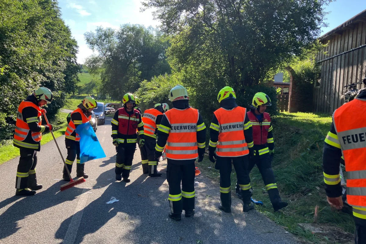 Eine Gruppe von Feuerwehrleuten in Warnwesten und Helmen reinigt mit Besen eine Landstraße. Die Szene ist von Bäumen umgeben und eine klare Wetterlage ist sichtbar.