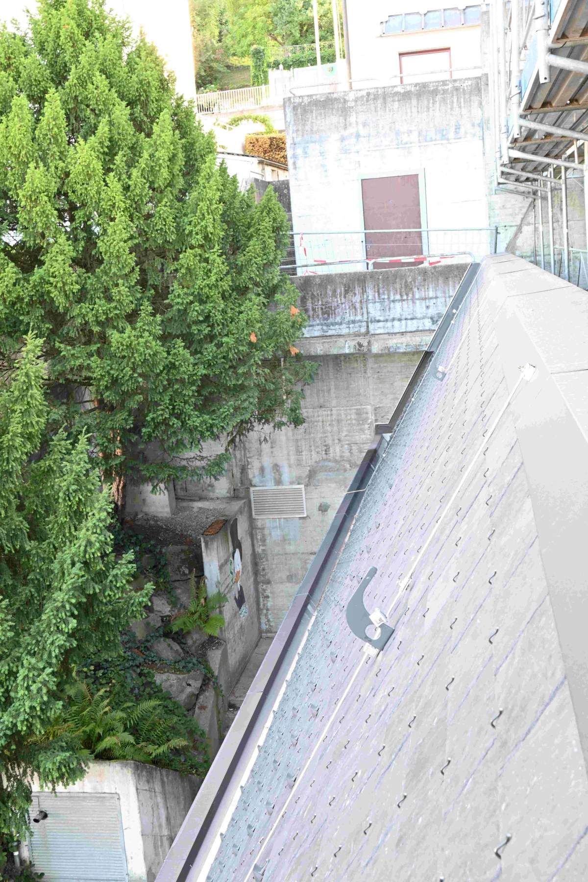 Das Bild zeigt eine Betonmauer mit einer angrenzenden Baustelle, gesichert durch Absperrungen. Ein großer Baum ist ebenfalls sichtbar, im Hintergrund sind weitere urbane Strukturen zu sehen.