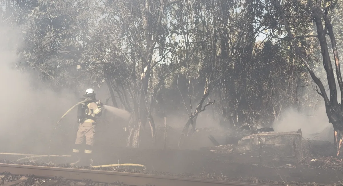 Ein Feuerwehrmann in voller Ausrüstung bekämpft einen Waldbrand mit einem Schlauch. Der Bereich ist stark verraucht.