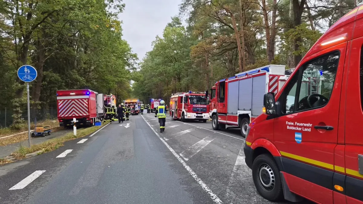 Mehrere Feuerwehrfahrzeuge stehen auf einer Straße, umgeben von Bäumen, mit Feuerwehrleuten vor Ort.