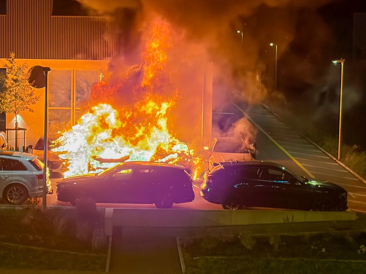 Ein Fahrzeug steht bei Nacht in Flammen vor einem Gebäude. Weitere geparkte Autos sind zu sehen, während Rauch aufsteigt.