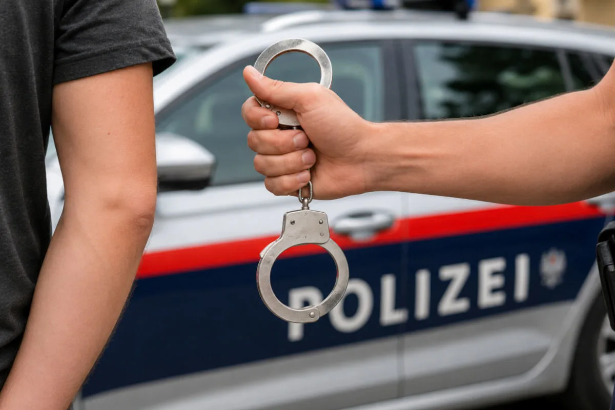 Ein Polizist hält Handschellen und steht neben einem Polizeiauto. Eine Person steht offenbar vor ihm.