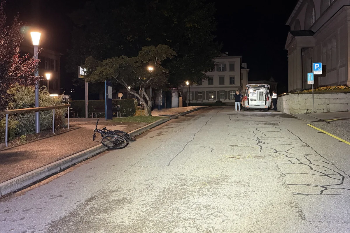 Ein Fahrrad liegt auf einer verlassenen Straße neben einem Van mit geöffneten Türen in der Nacht. Zwei Personen stehen in der Nähe.