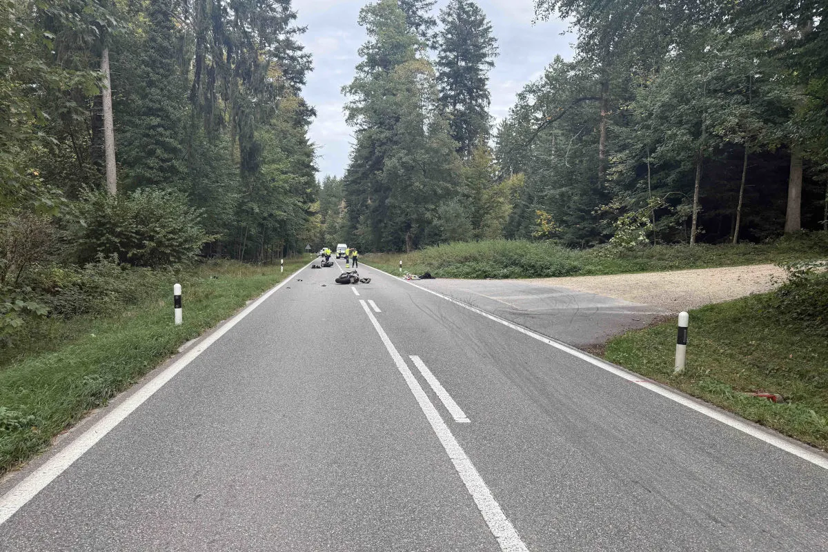 Ein Motorrad liegt auf einer Landstraße umgeben von dichtem Wald. Mehrere Personen stehen am Unfallort.
