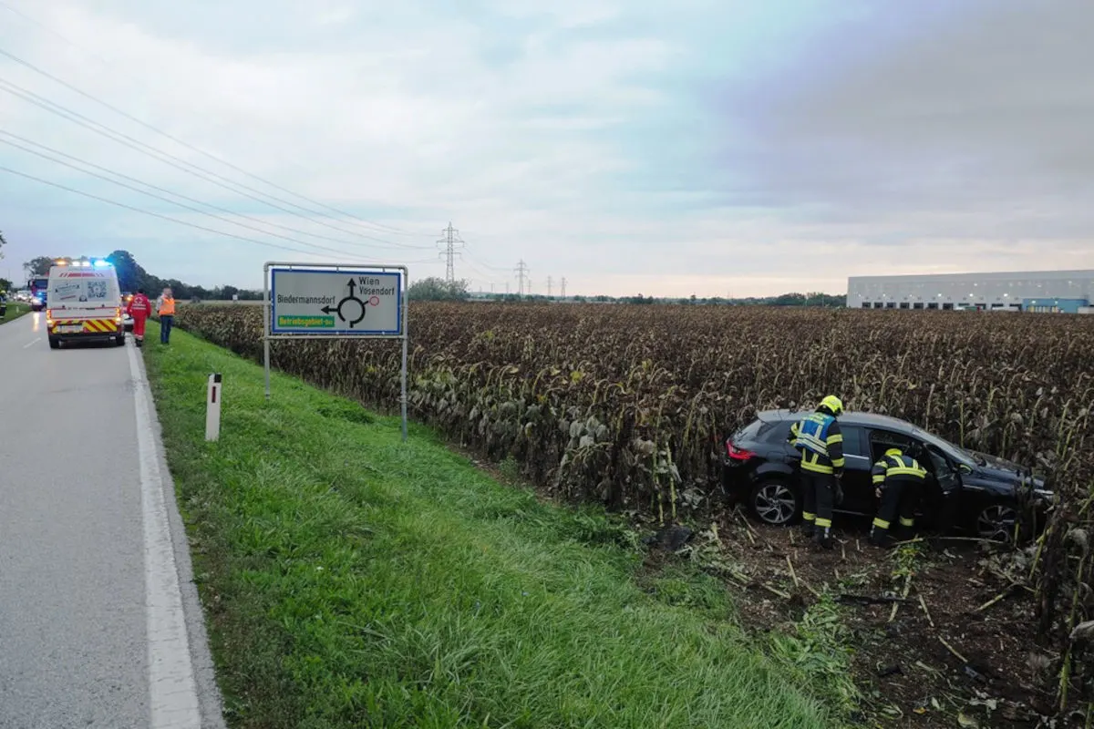 Unfall bei Biedermannsdorf NÖ – Zwei Autos landen im Graben