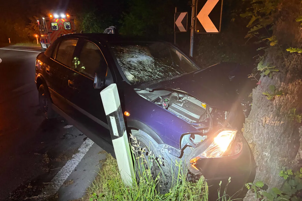 Bei Nacht ist ein Auto frontal gegen einen Baum gefahren, die Vorderseite ist erheblich beschädigt. Im Hintergrund ist ein Rettungswagen mit eingeschaltetem Blaulicht zu sehen.