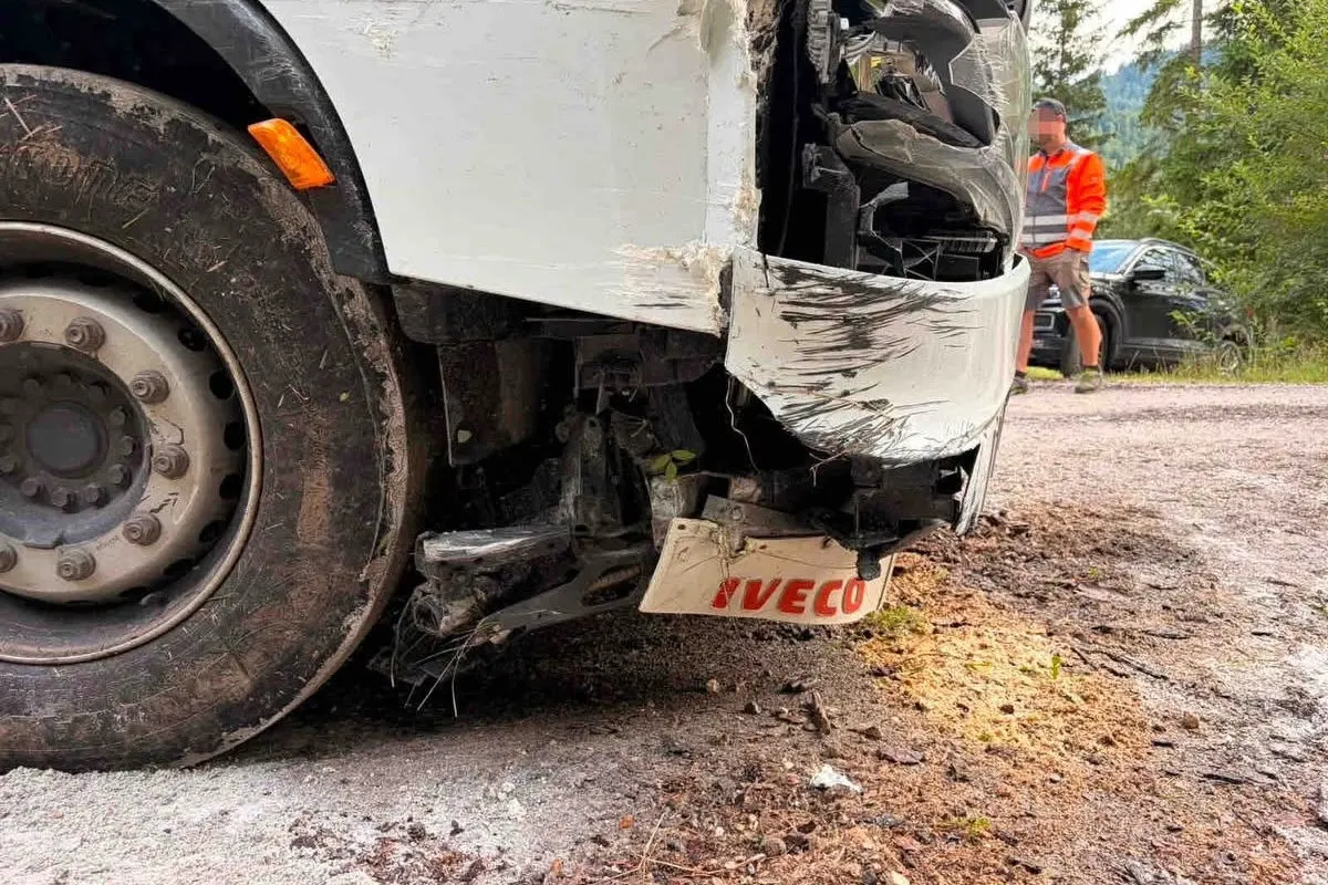 Nahaufnahme zeigt die beschädigte Front eines weißen Iveco-Lkws mit Kratzern und Dellen an einem Waldweg.