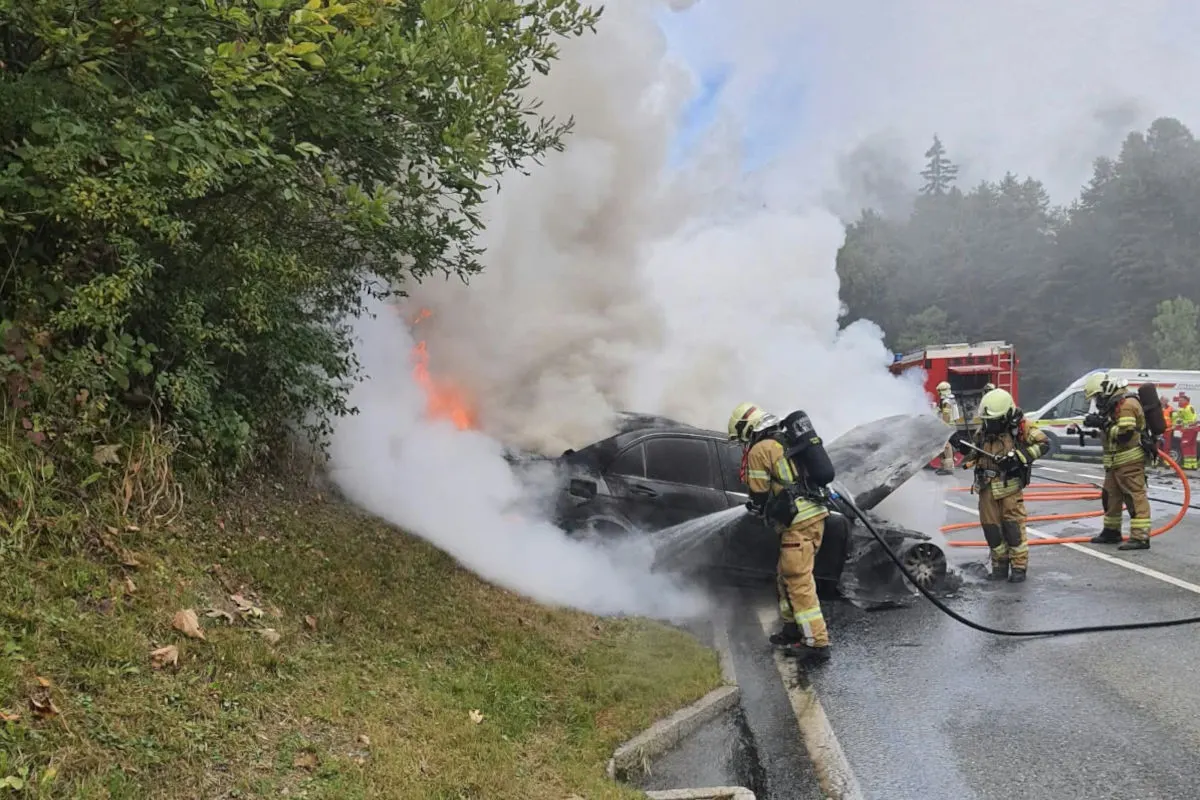 Mehrere Feuerwehrleute in Schutzkleidung bekämpfen einen brennenden PKW am Straßenrand, während dichter Rauch aufsteigt.