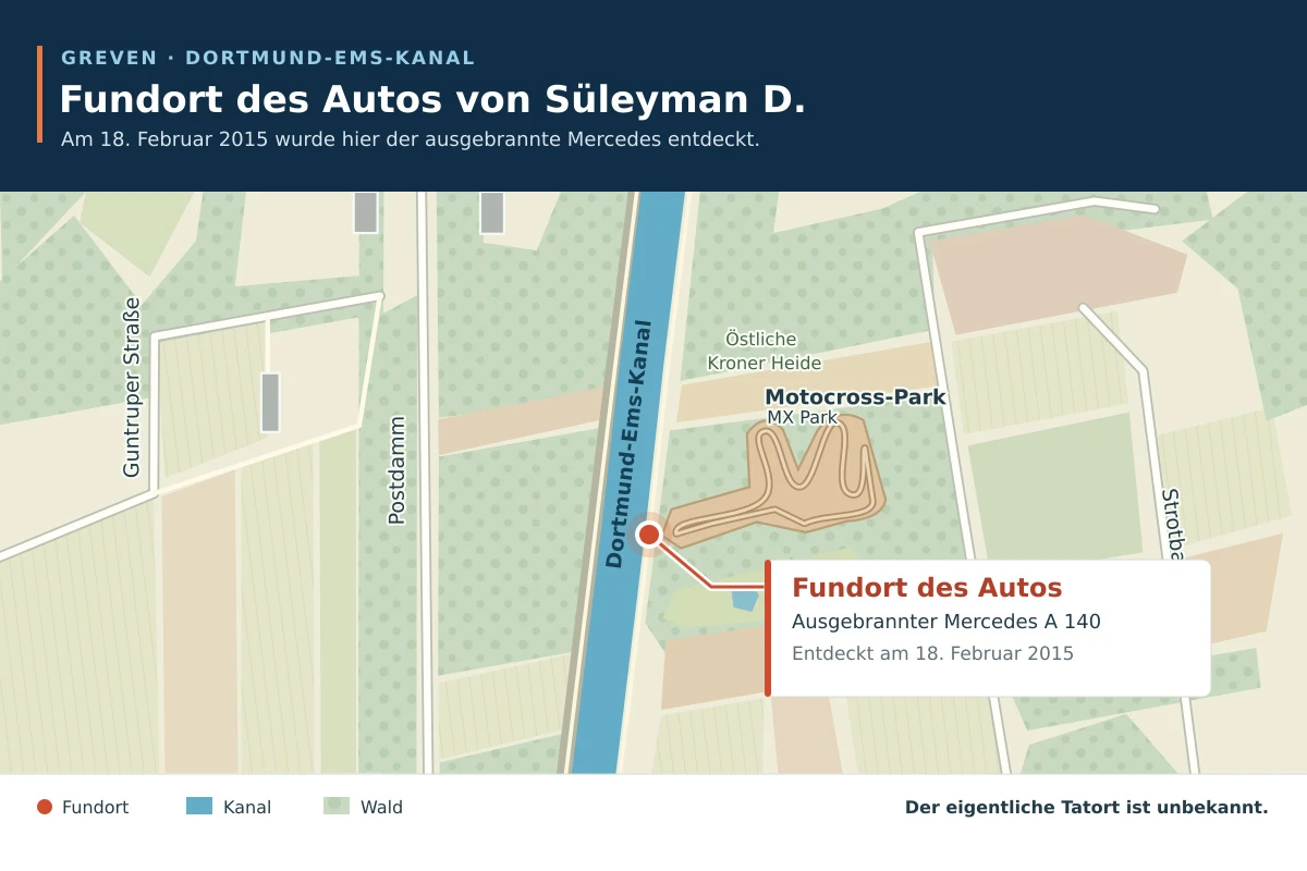 Auf der Karte ist der Fundort eines ausgebrannten Mercedes A 140 am Dortmunder-Ems-Kanal in der Nähe eines Waldgebiets markiert. Der Fundort befindet sich bei einem Motocross-Park.