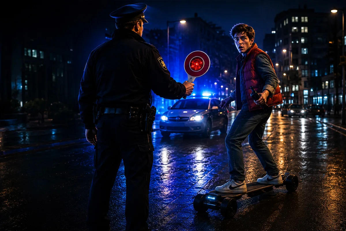 Bei Nacht stoppt ein Polizist mit einem roten Stop-Schild einen jungen Mann auf einem Longboard auf einer nassen, beleuchteten Stadtstraße.