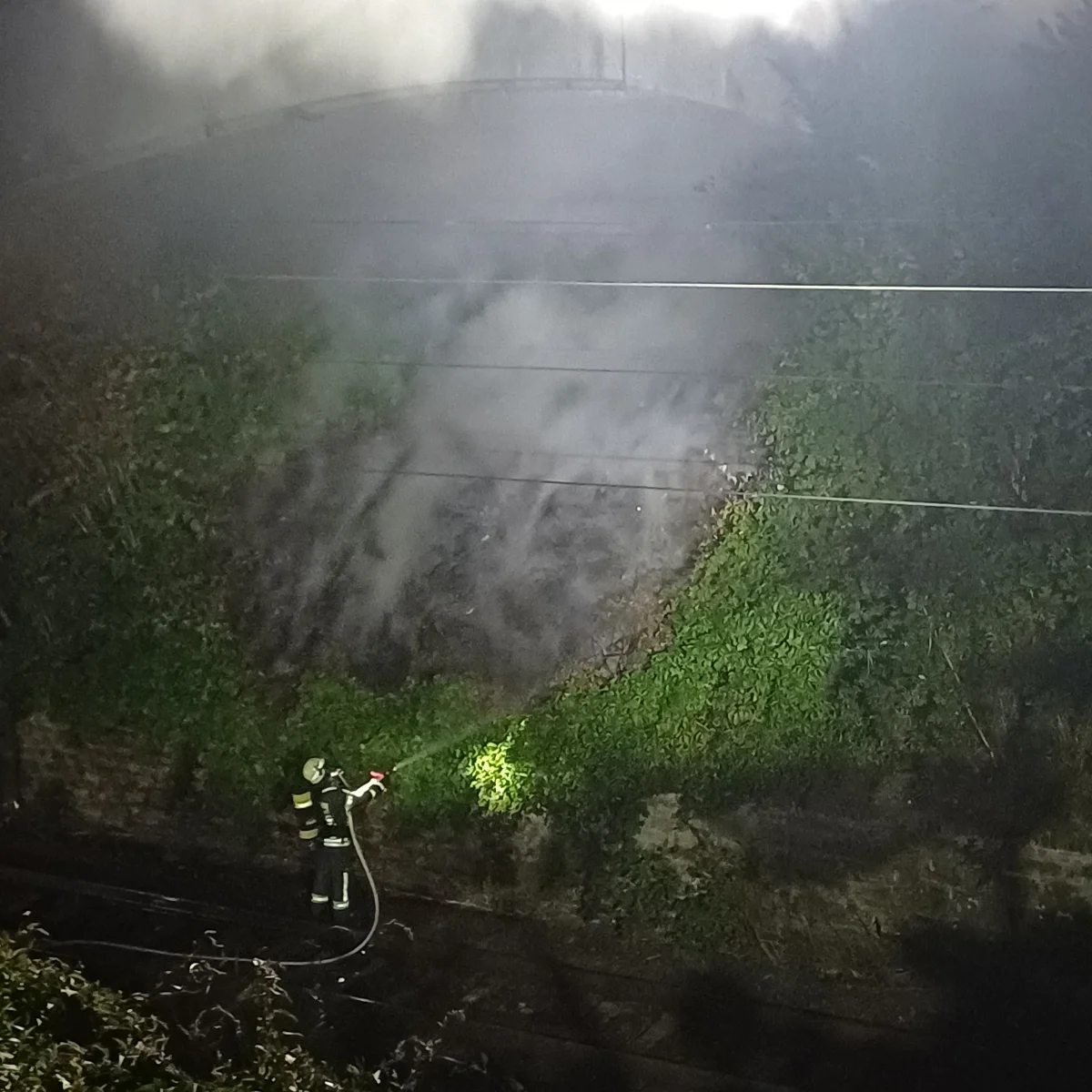 Ein Feuerwehrmann ist dabei, ein Feuer an einer bewachsenen Böschung bei Nacht mit Wasser zu löschen. Rauch und Flammen sind sichtbar.