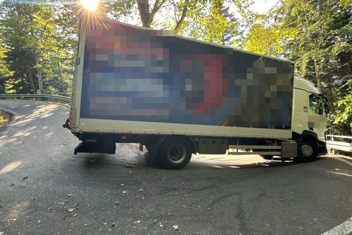 Ein großer Lastwagen steht quer auf einer engen Landstraße und blockiert die gesamte Fahrbahn in einer Kurve. Die Straße ist von Bäumen umgeben, und die Sonne scheint zwischen den Blättern hindurch.