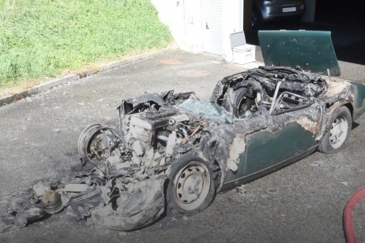 Ein Autowrack ist vollständig ausgebrannt, übrig bleibt das Gerippe des Fahrzeugs auf einem Gehweg. Im Hintergrund ist eine Wiese zu sehen.