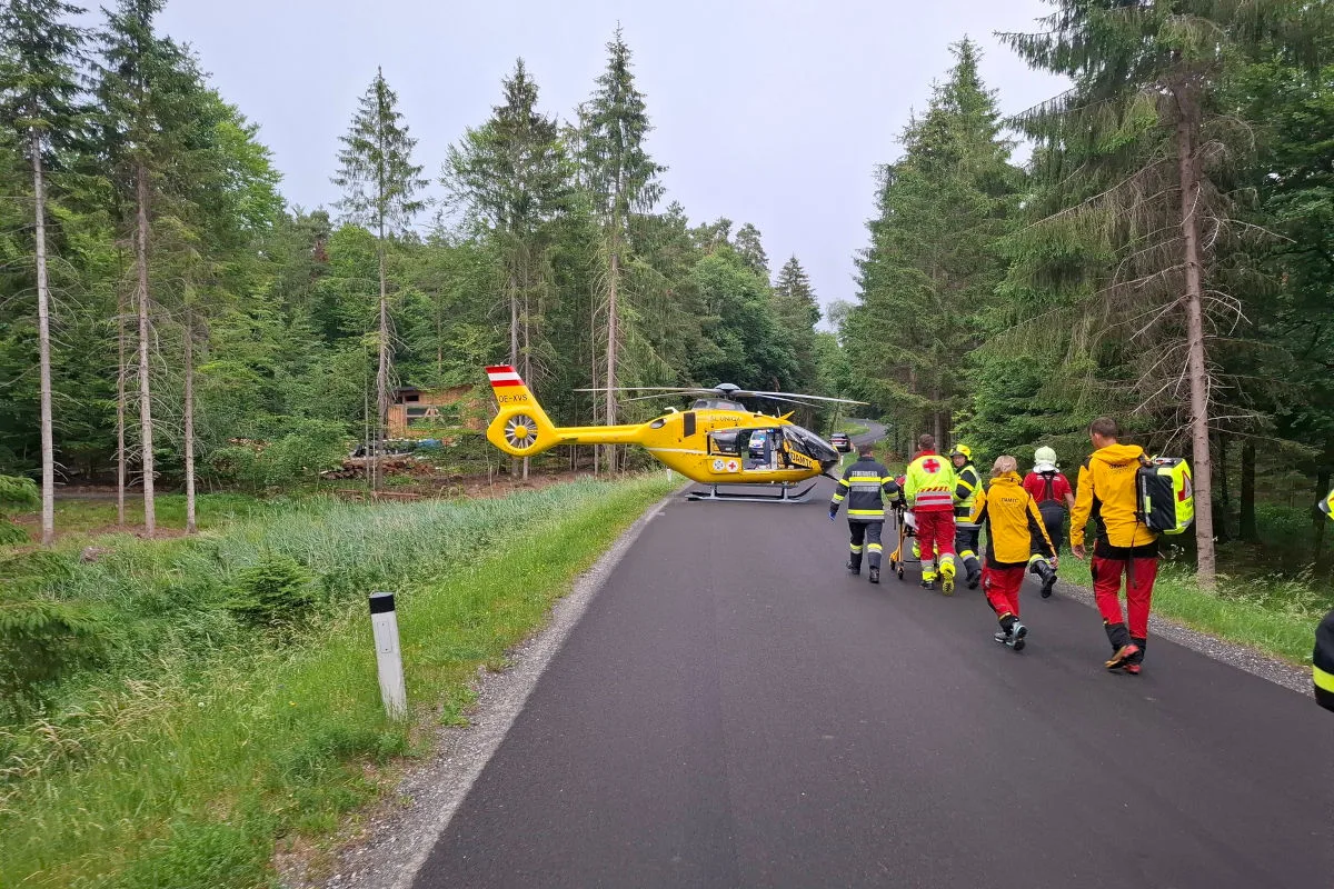 Ein gelber Rettungshubschrauber ist auf einer schmalen Asphaltstraße im Wald gelandet. Rettungskräfte nähern sich mit Ausrüstung.