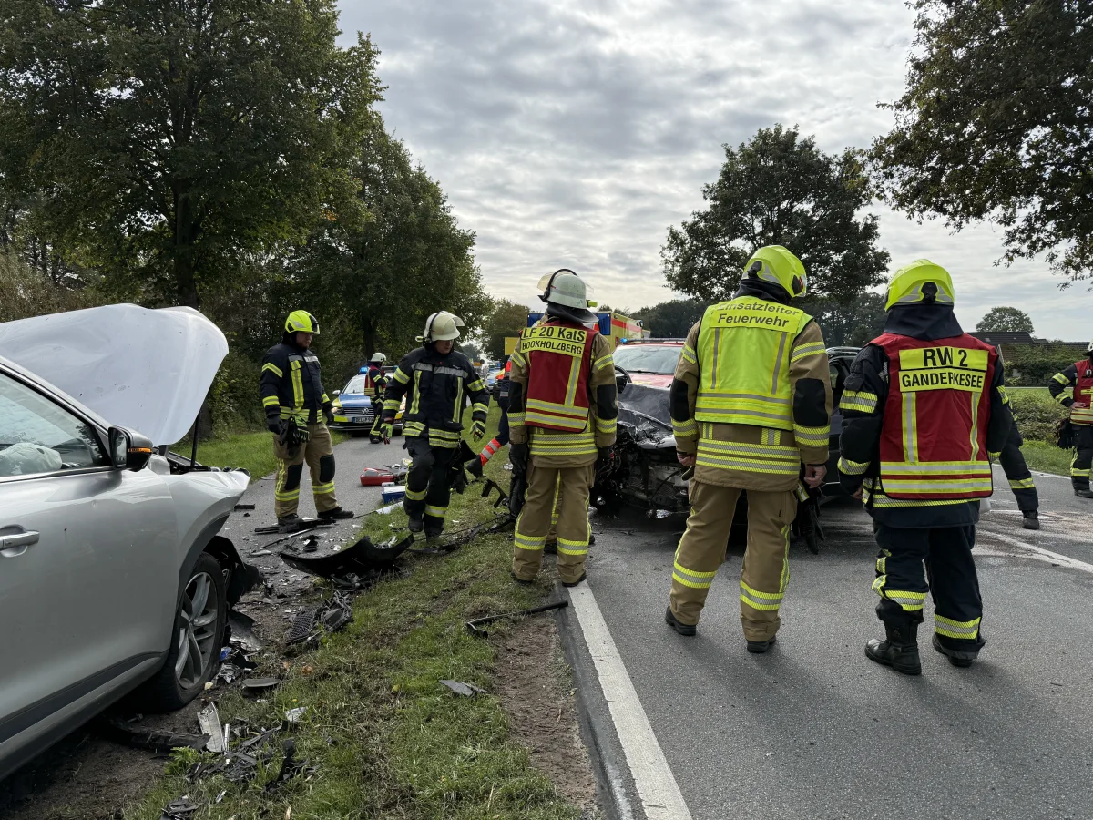 Mehrere Feuerwehrleute stehen an einer Unfallstelle auf einer Landstraße, zwei Fahrzeuge sind stark beschädigt.