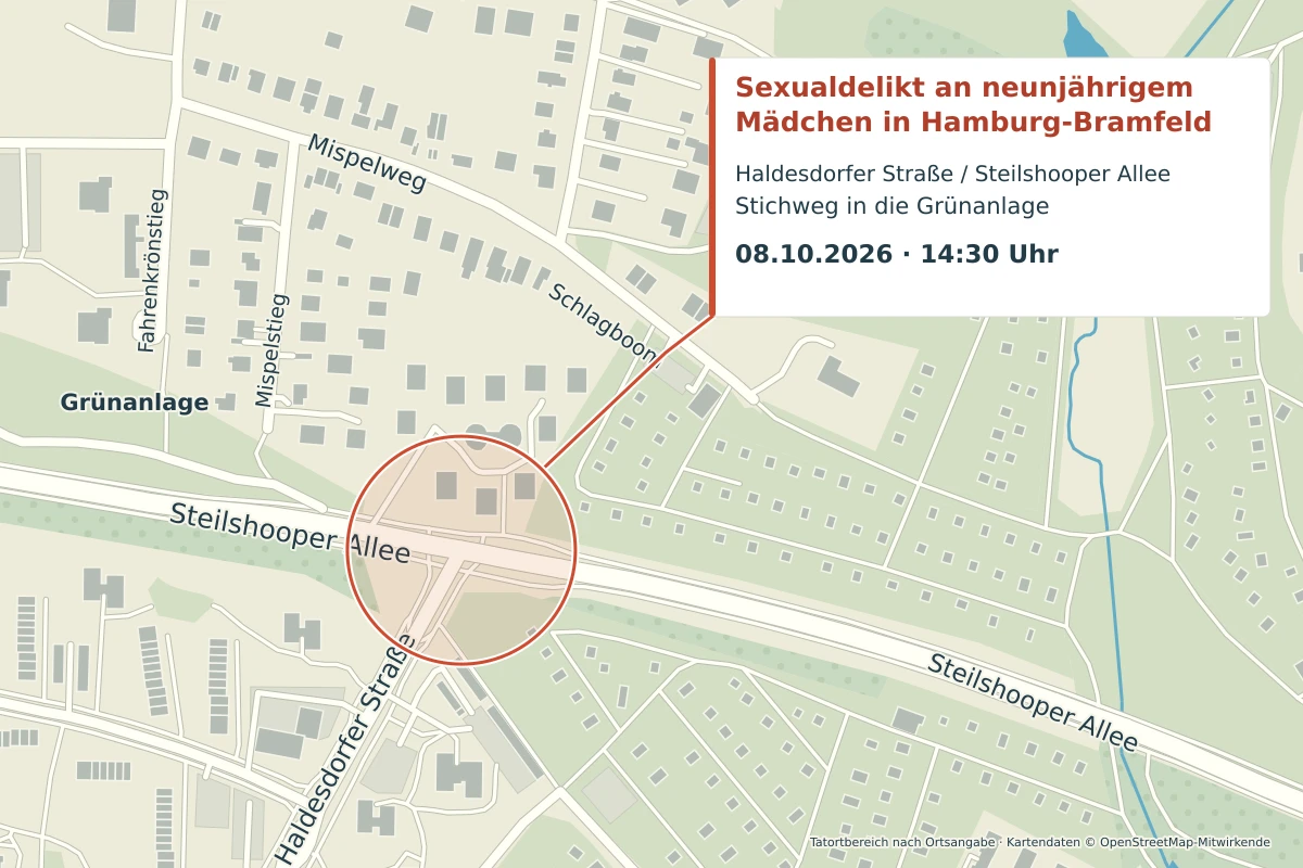 Eine Karte mit Markierung des Tatorts eines Sexualdelikts in Hamburg-Bramfeld. Angezeigt sind Straßen und eine Grünanlage.