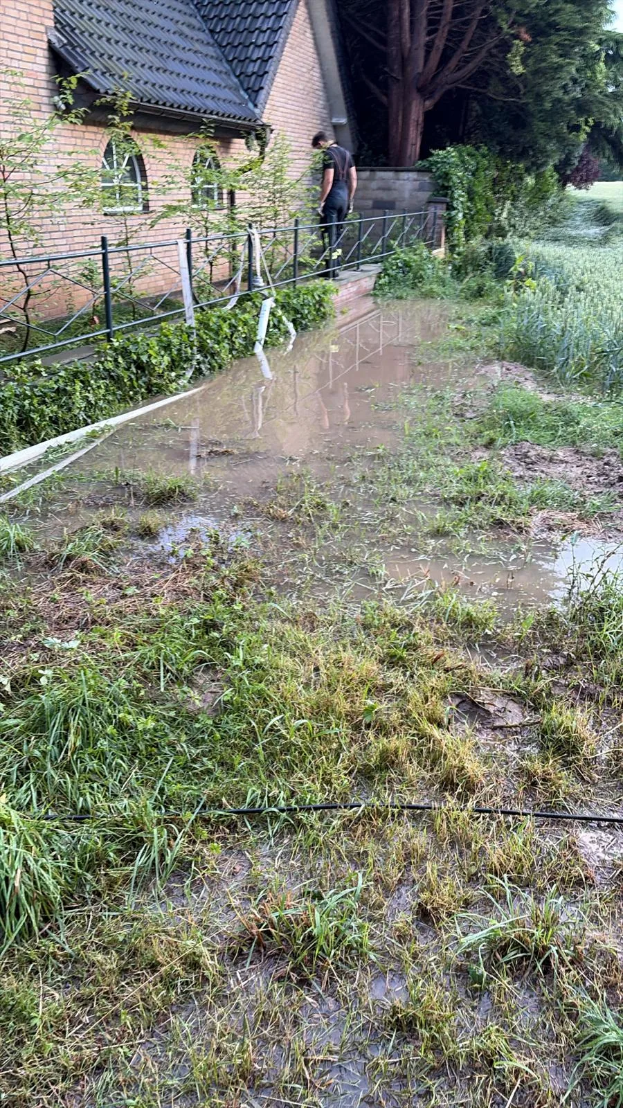 Ein überfluteter Weg verläuft entlang eines Gebäudes mit Bäumen im Hintergrund. Eine Person steht am Gebäude.