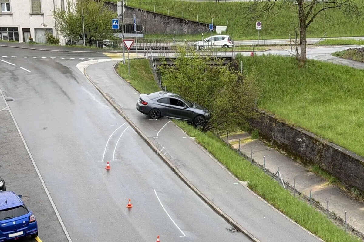Ein graues Auto hat die Straße verlassen und ist in einen Baum gefahren. Die Straße ist leer, mit einigen Verkehrskegeln darauf, und umgeben von grünem Gras und einem Gehweg.