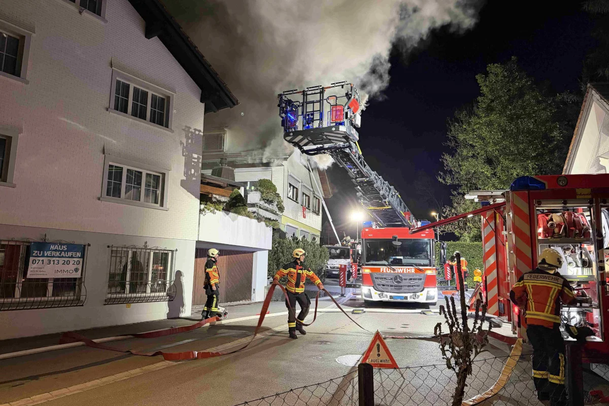 Mehrere Feuerwehrleute arbeiten nachts an einem brennenden Haus; Rauch steigt auf, eine Drehleiter ist im Einsatz.