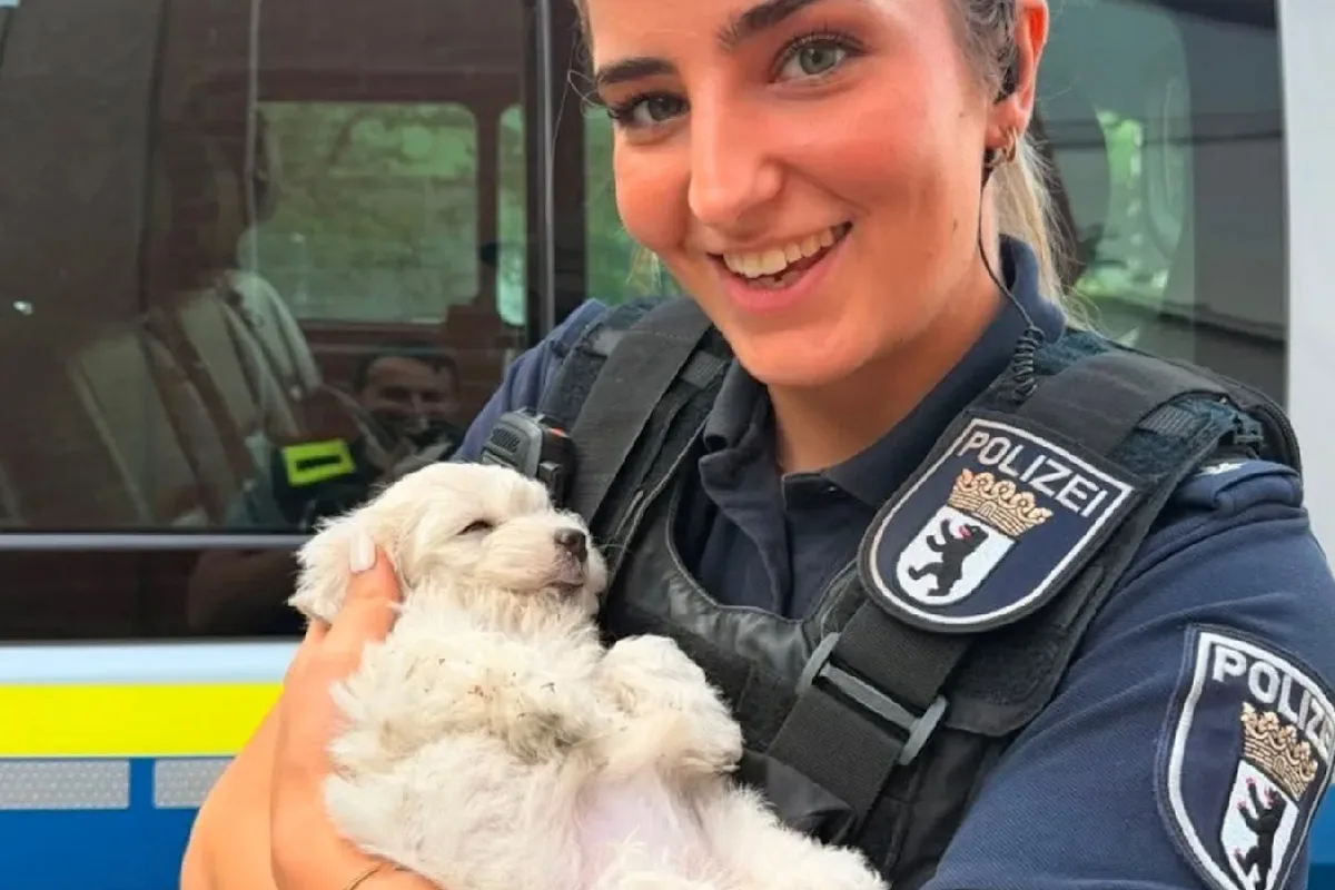 Eine Polizistin in Uniform hält einen entspannt wirkenden weißen Welpen und lächelt. Im Hintergrund ist ein Polizeifahrzeug erkennbar.
