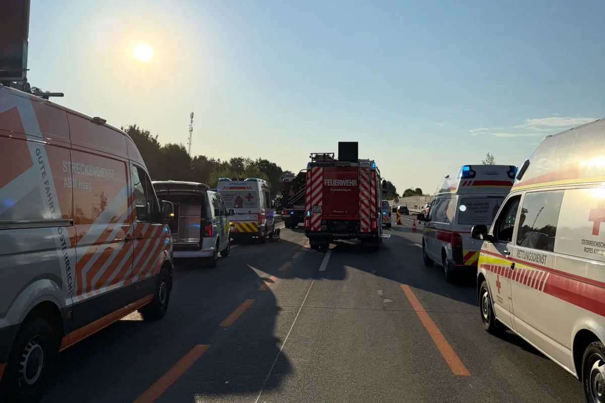 Mehrere Rettungs- und Feuerwehrfahrzeuge blockieren eine Autobahnspur bei tiefstehender Sonne.