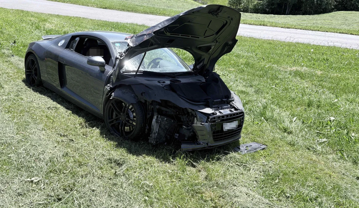 Ein dunkelgrauer Audi hat sichtbare Unfallspuren und steht auf einer Wiese, der Kofferraum ist geöffnet und Schäden sind sichtbar.