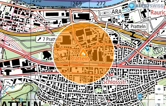 Eine Karte zeigt den Ort Pratteln mit einem orange markierten Gefahrenbereich im Zentrum. Straßen und Orte sind klar erkennbar.