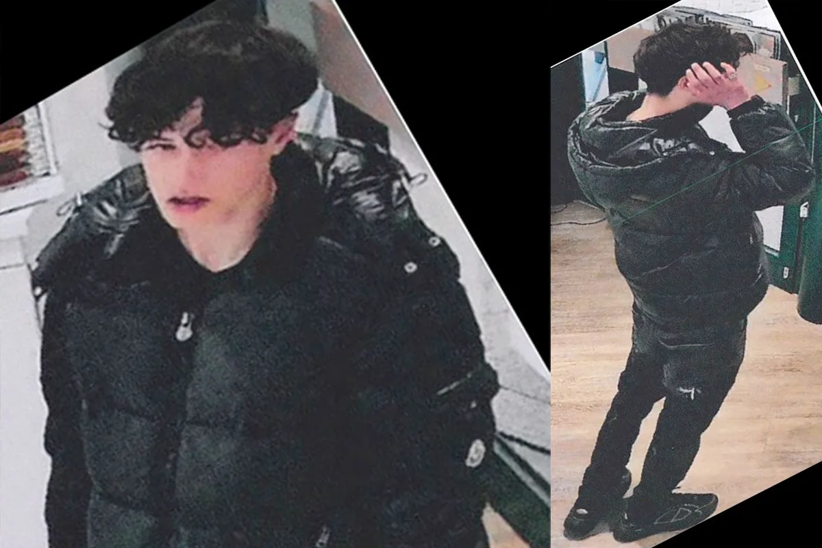 Ein junger Mann mit lockigem Haar trägt eine schwarze Winterjacke. Aufnahmen zeigen ihn in einem Innenraum, vermutlich eine Überwachungskameraaufnahme.