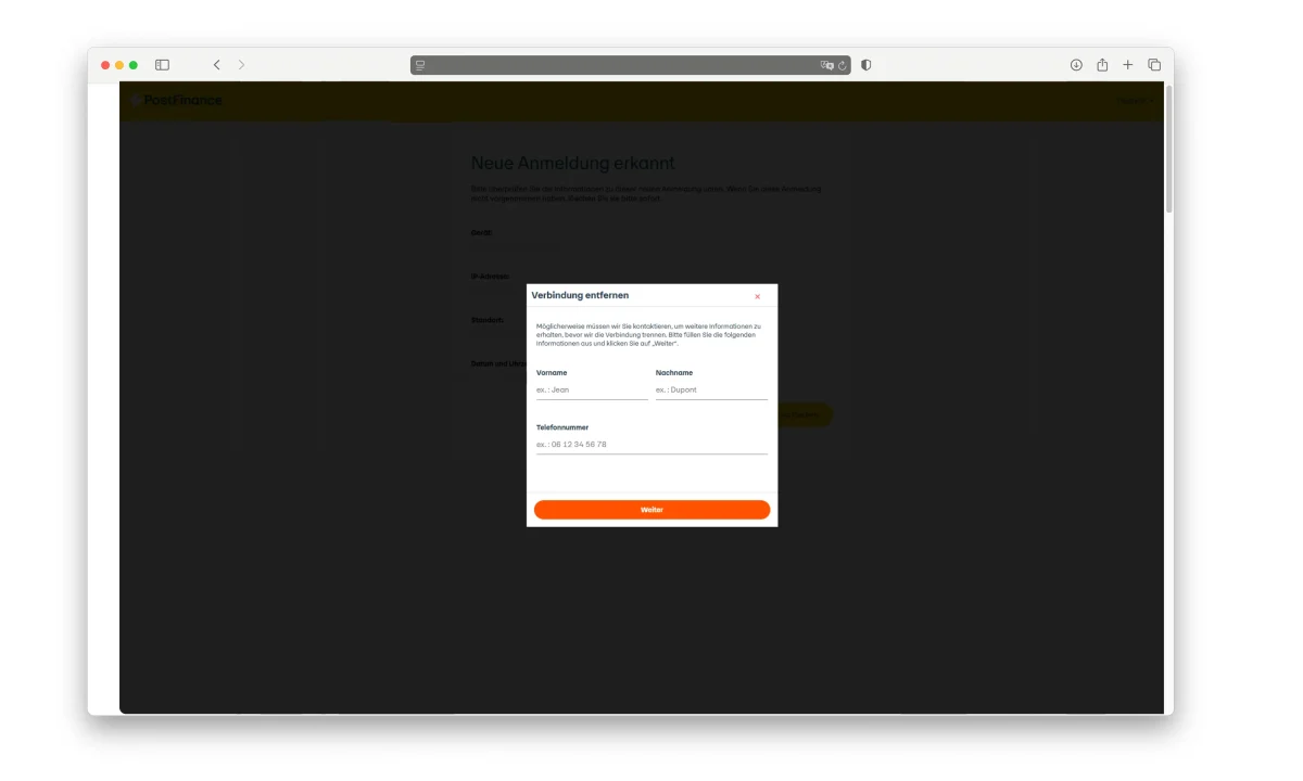 Auf einem Bildschirm ist ein Pop-up-Fenster zu sehen, das Informationen zur Verbindungstrennung erfordert, um persönliche Daten einzugeben.