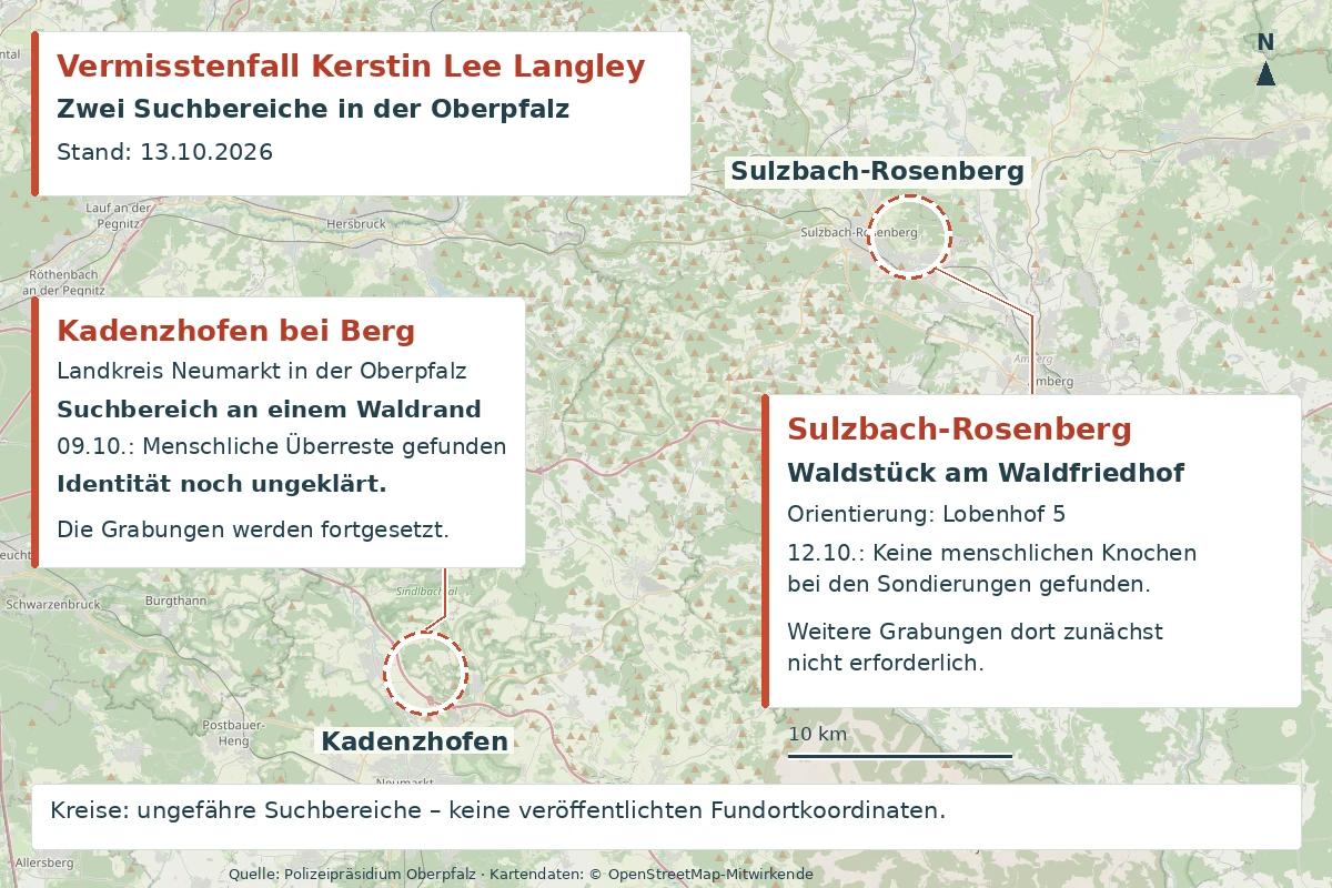 Eine Karte der Oberpfalz zeigt die Suchbereiche für den Vermisstenfall Kerstin Lee Langley, markiert sind Kadenzhofen und Sulzbach-Rosenberg.