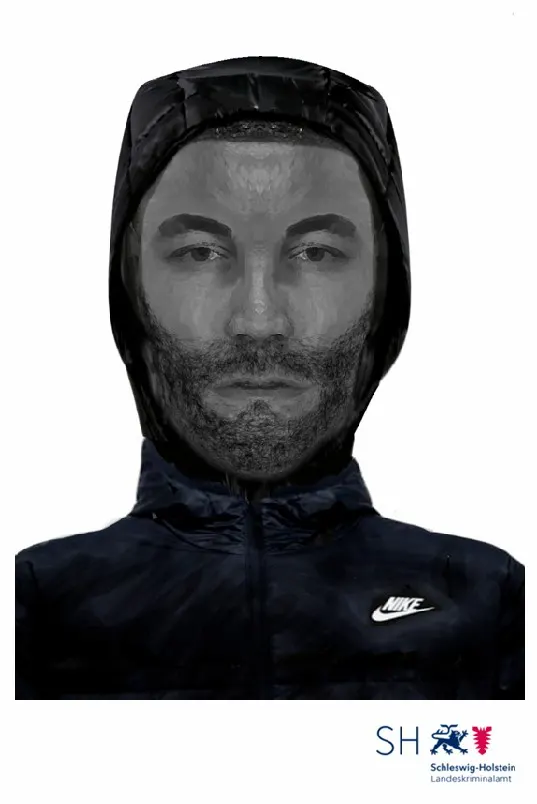 Das Bild zeigt ein Phantombild eines Mannes mit kurz geschnittenem Bart und dunkler Kleidung, die Kapuze ist aufgesetzt.