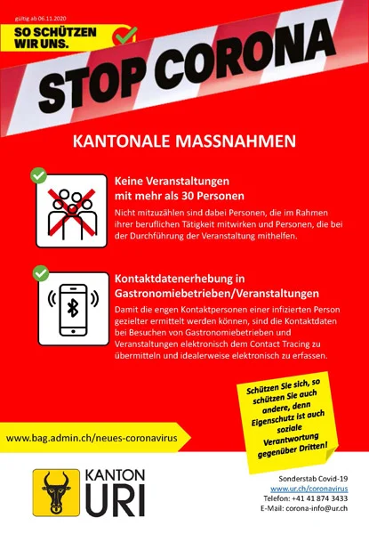Coronavirus im Kanton Uri - Situation im Kanton am 6. November 2020 - Kantonale Massnahmen sind in Kraft getreten!