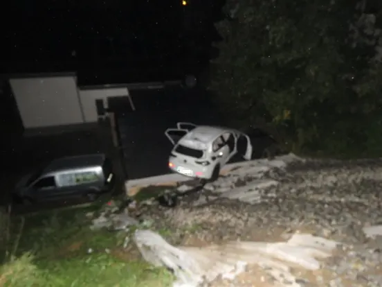 Ein weißes Auto mit offenen Türen steht abseits einer Straße auf einem unbestimmten Untergrund. Es ist Nacht.