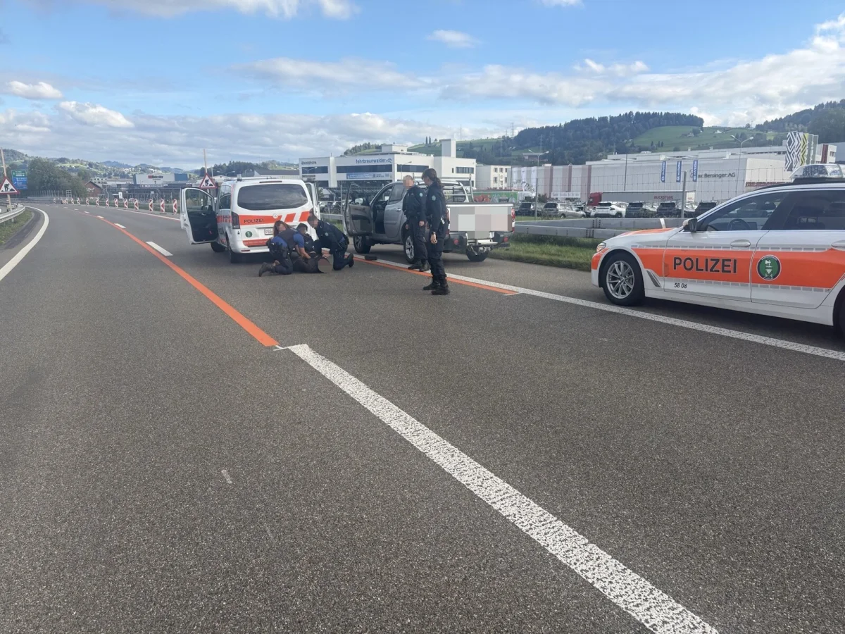 Mehrere Polizisten fixieren eine Person auf einer Autobahn, während zwei Polizeifahrzeuge daneben stehen. Der Himmel ist leicht bewölkt.