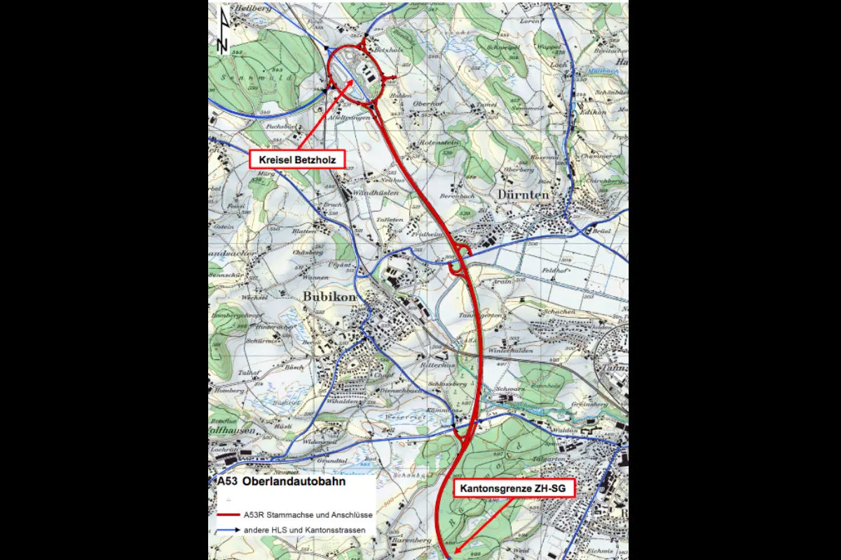 Bauarbeiten an der Oberlandautobahn A53 zwischen Hinwil und Rüti ZH 
