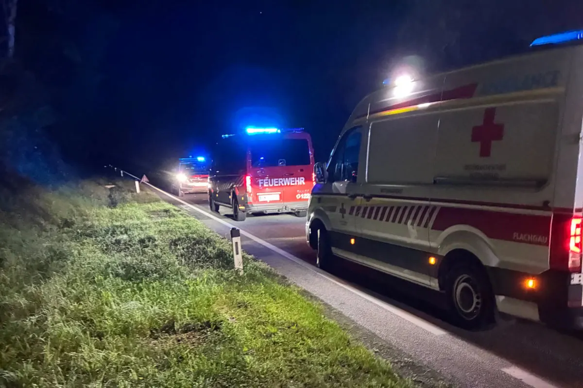 Eine nächtliche Straßenszene mit Feuerwehrfahrzeug und Krankenwagen mit eingeschaltetem Blaulicht. Die Fahrzeuge sind auf einer ländlichen Straße positioniert.