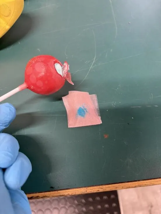 Ein roter Lutscher mit einer beschädigten Stelle, gehalten von einer Person mit blauen Handschuhen, liegt auf einem Tisch neben einem Stück Stoff mit einem blauen Fleck.