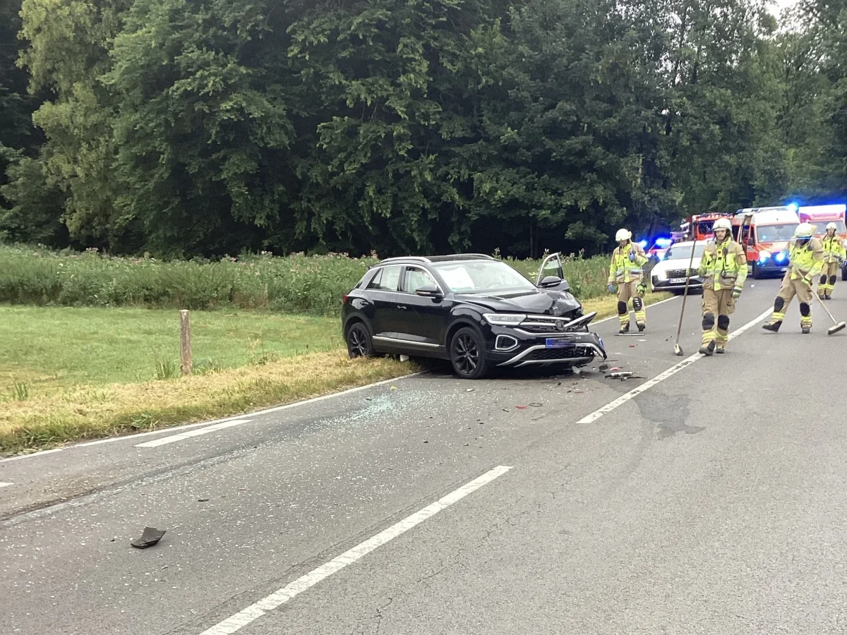 Ein schwarzes Auto ist nach einem Unfall im Gras am Straßenrand zu sehen. Feuerwehrleute arbeiten an der Unfallstelle, während Rettungsfahrzeuge mit Blaulicht im Hintergrund stehen.