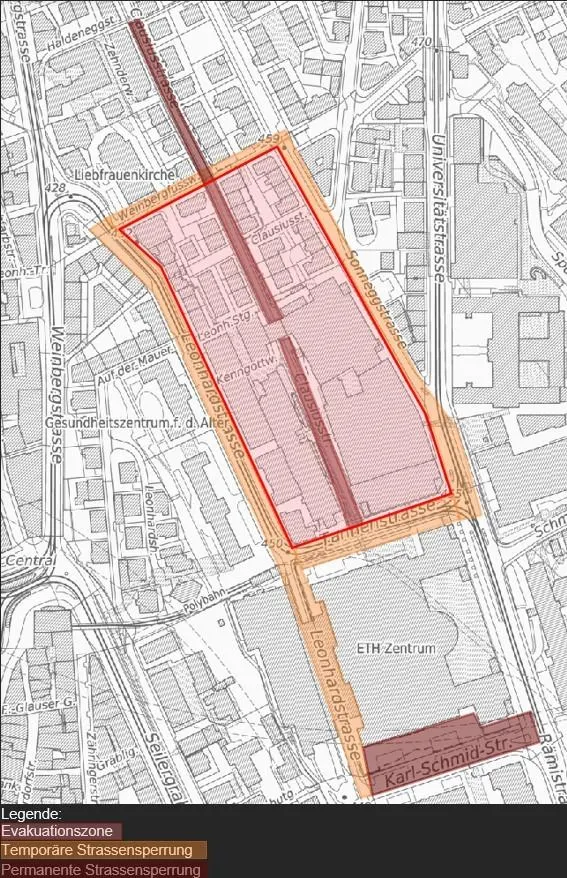 Eine detaillierte Karte zeigt Bereiche eines Stadtteils, die als Evakuierungszone, temporäre und permanente Straßensperrungen markiert sind.
