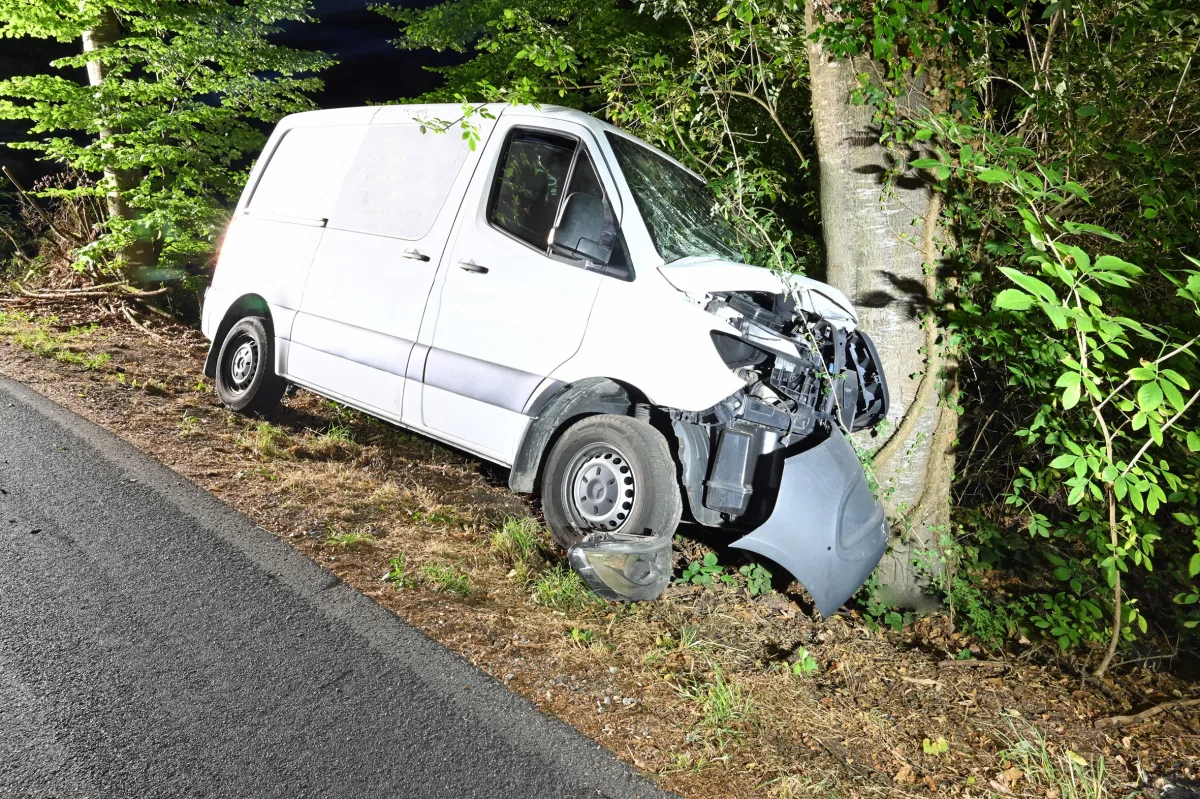 Ein weißer Transporter hat einen Frontschaden und steht gegen einen Baum gelehnt. Die Umgebung ist bewaldet.