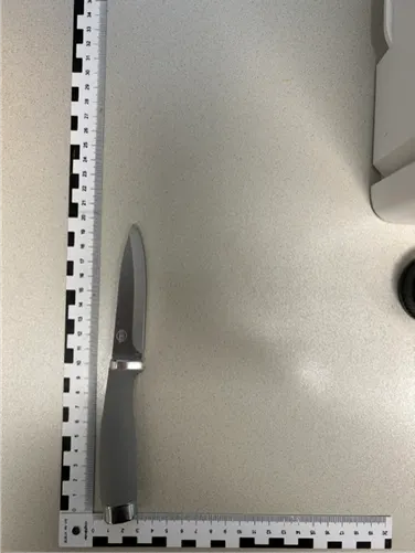 Ein Messer liegt auf einem hellen Tisch, daneben ein Maßband zur Größenbestimmung der Klinge.